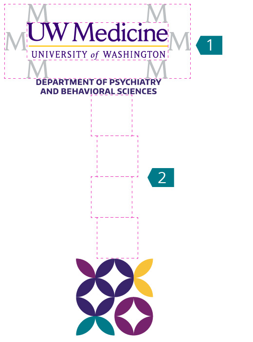 Diagram showing the M-height as safe space around the logo, and showing that additional graphics must be the height of 4 logos away from any logo elements.