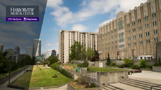 zoom background with a photo of the west entrance of Harborview Hospital and the Harborview logo