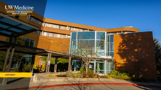 zoom background of a photo of the Northwest Campus with white and yellow UW Medical Center logo and a yellow bar with "Northwest" text in it