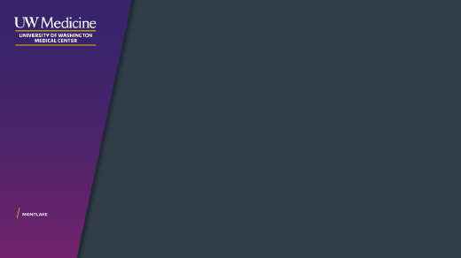 Purple and grey zoom background with white and yellow UW Medical Center logo as well as a yellow slash with Montlake text next to it
