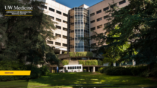 zoom background of a photo of the Montlake Campus with white and yellow UW Medical Center logo and a yellow bar with "Montlake" text in it
