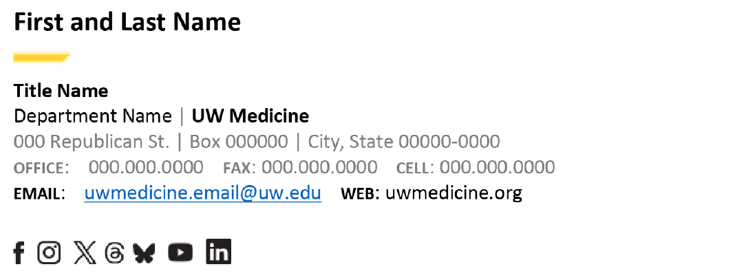 email signature layout with social media icons and no pronouns