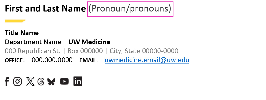 email signature layout with social media icons and pronouns after name