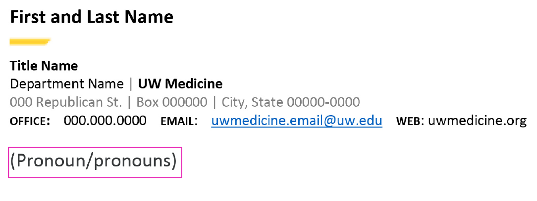 email signature layout with social media icons and pronouns listed last