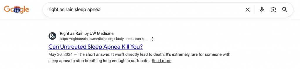 Screenshot of Google search results for “right as rain sleep apnea,” with the Right as Rain article about sleep apnea appearing as the top result.